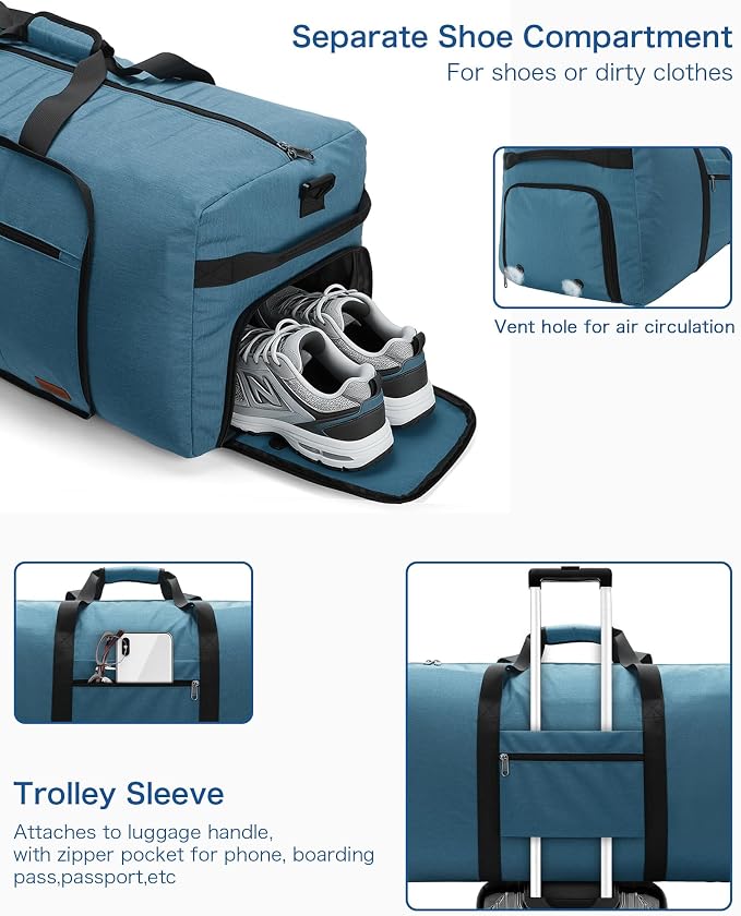 100L Travel Duffle Bag for Men, Urtala 32” Large Duffle Bag for Traveling with Shoe Compartment, Foldable Travel Duffel Bag for Men Women Waterproof & Tear Resistant (Light Blue, EXTRA LARGE, 100L) - Image 4