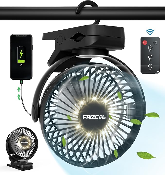 Portable Clip on Fan 65 Working Hours, Camping Fans with LED Lights & Hook, 12000 Capacity Battery Operated Fan with Clamp, USB Rechargeable for Desk, Tent, Treadmill, Stroller, Golf Cart, Home by FollowUsGetMoreInfoNow