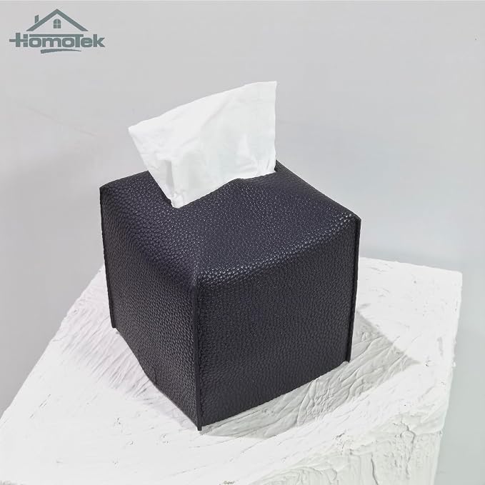 HOMOTEK 2 Pack Tissue Box Cover, Square PU Leather Tissue Holder, Decorative Facial Tissue Cube Paper Organizer Dispenser for Bathroom, Night Stands, Desk, Car 5X5X5'' - Matte Black, Pebble Grain - Image 3