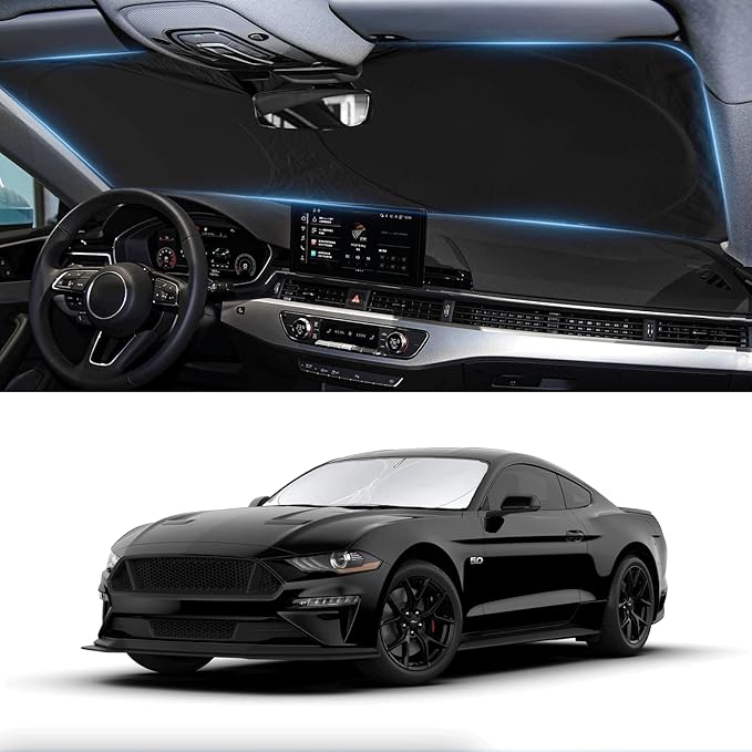 Windshield Sun Shade for Ford Mustang 2015-2025 2026 Sunshade Window Shield | Custom Fit Mustang Foldable Front Windshield Cover Sun Visor Protector Block UV Ray by BOODANCARS