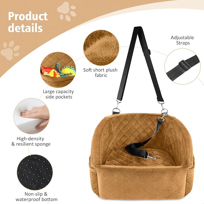 NEEZUKAR Dog Car Seat for Small Medium Dogs,Detachable Washable Dog Booster Seat Under 30lbs,Pet Car Seat Travel Bed with Storage Pockets and Dog Safety Belt（Brown - Image 4