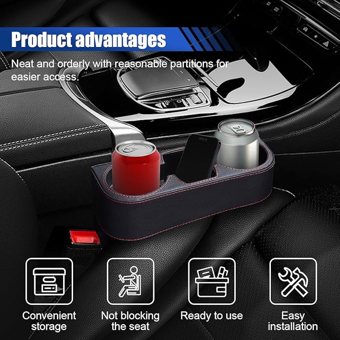 KITUREK Car Cup Holder, PU Leather Cover Auto Front Seat Organizer, Black | Multifunctional Cup Drink Holder, Gap Filler Coin Bucket Storage Box, Console Side Pocket, Cell Mobile Phone Holder - Image 4