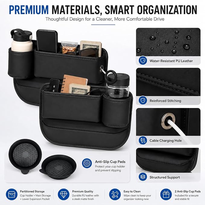 2 Pack Car Seat Gap Filler with Cup Holder – Anti-Drop Design | Universal PU Leather Seat Gap Organizer, Storage Box with Pockets & Cup Holders – Fits Most Vehicles - Image 3