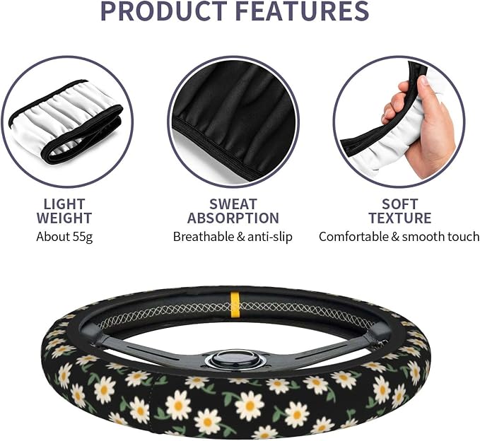 Daisy Flower Steering Wheel Cover 15 Inch + 2Pc Cute car Coasters Set | Anti-Slip Breathable Universal Car Wheel Cover Soft Comfort Grip Accessories for Women Men - Image 5