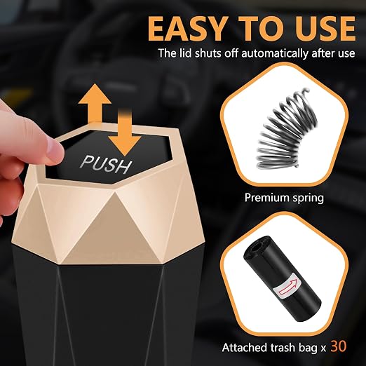 Car Trash Can with Lid, Leakproof, 30 Trash Bags, Gold, 2 Pack | Small Garbage Can for Car, Car Accessories for Interior, Multipurpose Organizers and Storage Solutions for Home, Office - Image 2