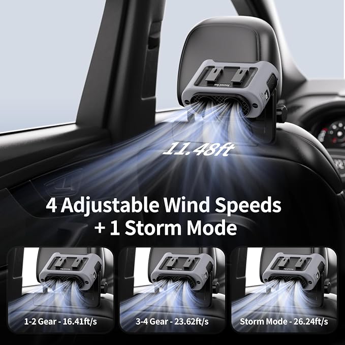 Socool Portable Car Fan Rechargeable Battery Opearated, Clip on Car Seat Headrest 360 Rotatable, 5-Speed Backseat Fans for Baby Rear Facing Cooling with Dual Air Outlets for SUV RV Truck - Image 3