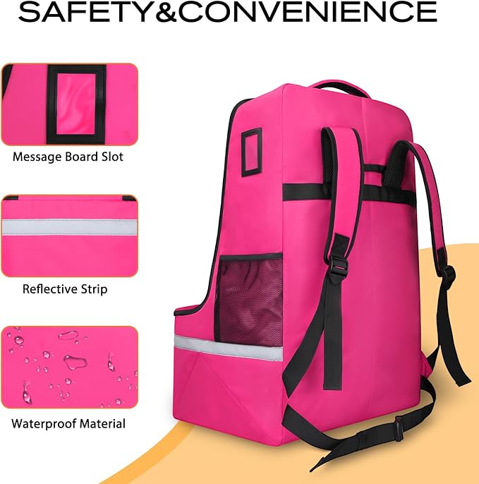 LARIPOP Car Seat Travel Bag for Airplane, Universal Gate Check Car Seat Bag, Padded Backpack with Waist Belt, Reflective Strips & Protective Feet, Fits Infant Convertible Booster Seats, Pink - Image 3