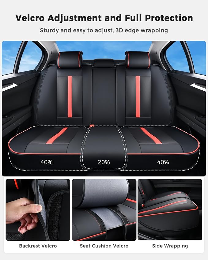 Huidasource Rear seat Cover Luxury Nappa Leather, Back seat Cover with Velcro Adjustable, Ventilation Holes, Seat Belts, Child Seats, Car Cover Seat Universal Fit for Most Cars SUV Trucks, Black＆Red - Image 8