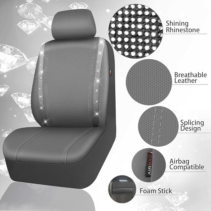 CAR PASS Bling Car Seat Covers Full Set, Shining Glitter Rhinestone Diamond Waterproof Faux Leather Interior Sets Universal Fit Automotive Glitter Crystal Sparkle Strips for Cute Women Girl, Gray - Image 3