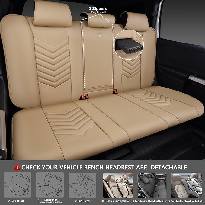 CAR PASS 3D Foam Faux Leather Seat Covers Full Set,Waterproof Tan Leather Seat Cover for Cars,Luxury Universal Fit Anti-Slip for SUV Truck Sedan Automotive,Armrest Airbag Compatible,All Beige - Image 4
