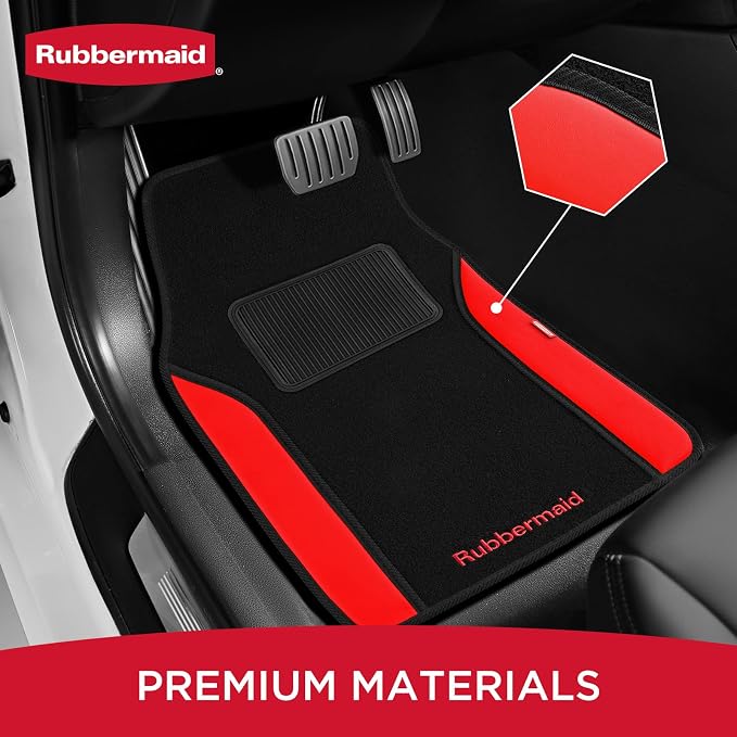 Rubbermaid Car Mats, Carpeted Floor Car Mat with Faux Leather & Built-in Heel Pad, Two-Tone Car Rug Floor Mats, Stylish Carpeted Floor Mats for Cars, Trucks & SUVs Red Color - Image 2
