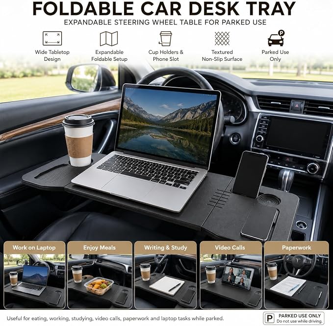 Foldable Car Desk Tray, Expandable Steering Wheel Table | Expandable car desk opens into a wider tabletop for laptop work or meals; with phone slot, cup holders and textured surface - Image 2