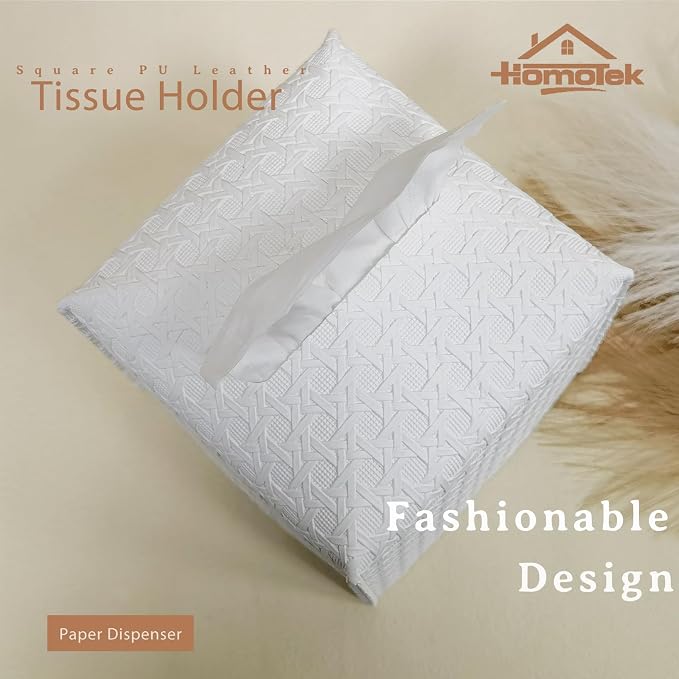 HOMOTEK 2 Pack Tissue Box Cover,PU Leather Tissue Holder,Square Decorative Facial Tissue Cube Paper Organizer Dispenser for Bathroom, Night Stands, Desk, Car 5X5X5'' - Rattan Weave, Pure White - Image 2
