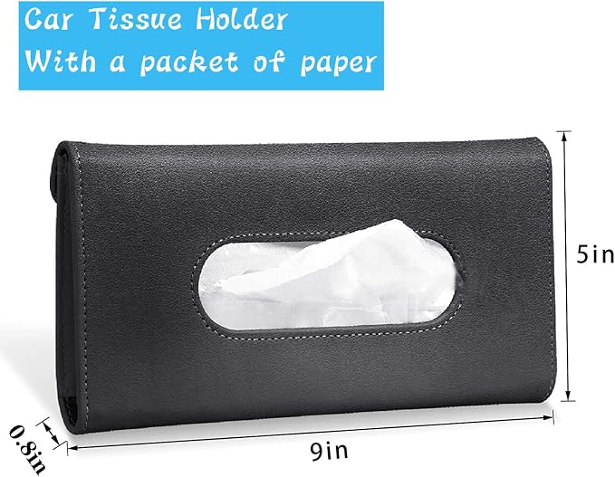 YVPSI Car Tissue Holder Sun Visor Napkin Holder with Tissue for Car (Black) | Refill Car Mask Holder PU Leather Tissue Box Tissue Box Holder Hanging Tissue Holder Mask Dispenser - Image 2