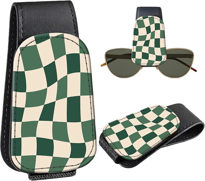 Leather Magnetic Sunglass Holder for Car Sun Visor, Cute Eyeglass Ticket Card Hanger Clip, Universal Auto Interior Accessories for SUV Pickup Truck, Green Checkered by Unknown