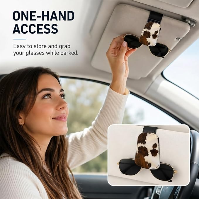 Leather Magnetic Sunglass Holder for Car Sun Visor, Cute Eyeglass Ticket Card Hanger Clip, Universal Auto Interior Accessories for SUV Pickup Truck, Cow Pattern - Image 2