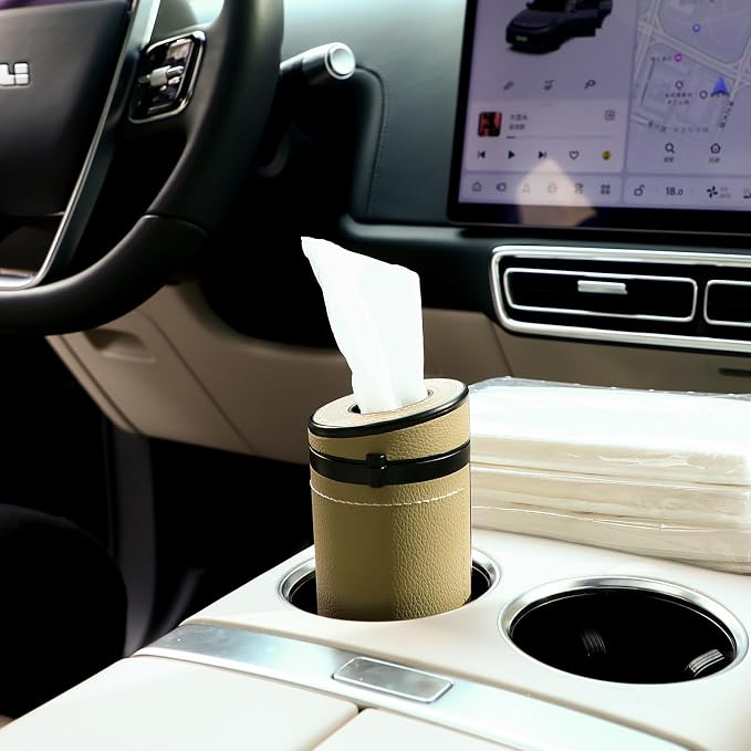 1 Pcs Car Tissues Cylinder Leather Round Container Car Tissues Holder with Tissue Paper with Window Breaker for Vehicle Bathroom Office(Beige) - Image 6