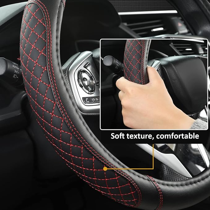West Llama Customized Auto Car Steering Wheel Cover for Toyota Rav4 Corolla Camry Highlander(Diamond Quilted-Black+Red-Standard Size) - Image 4