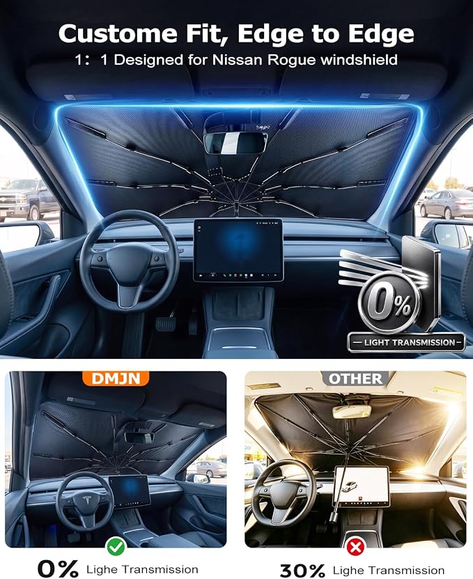 DMJN Umbrella Windshield Sun Shade for Nissan Rogue (2008-2026), Car Sunshade for Front Windshield [Nano Ice-Crystal Coatings] UPF50+ Heat & UV Block, Protect Interior & Keep Cooler - Image 4