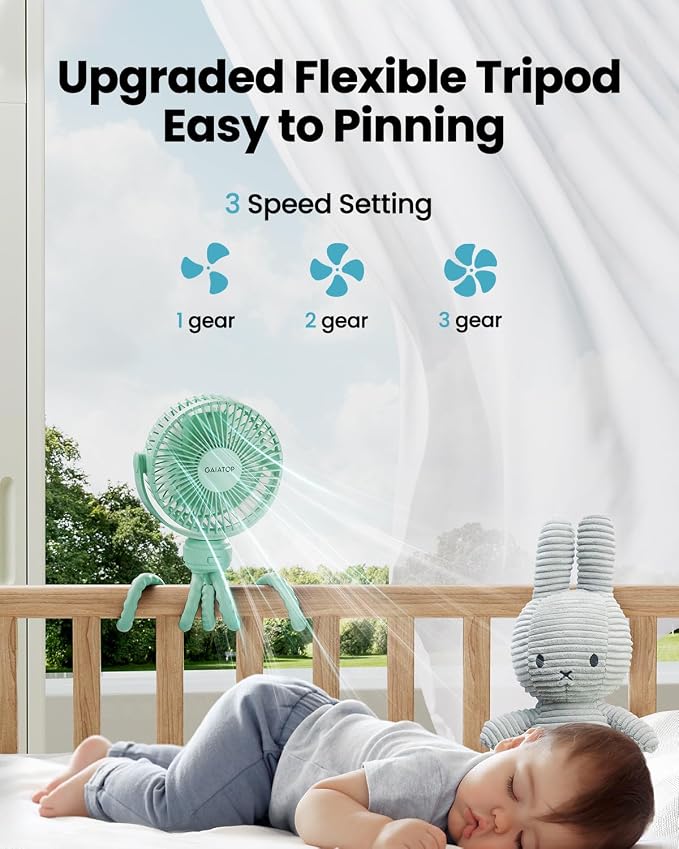 Gaiatop Mini Portable Stroller Fan, Small Clip on Fan 3 Speed Rechargeable | 360° Rotate Flexible Tripod, Battery Operated Detachable, Cooling for Car Seat Crib Treadmill Travel Green - Image 3