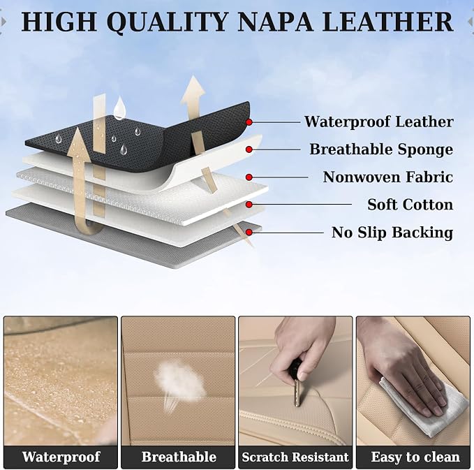 Coverado Car Seat Covers Front Seats, Car Seat Cover Beige, Car Seat Protector, Car Seat Cushion Nappa Leather, 2-Pack Waterproof Seat Covers Carseat Cover Universal Fit for Most Cars Trucks - Image 7