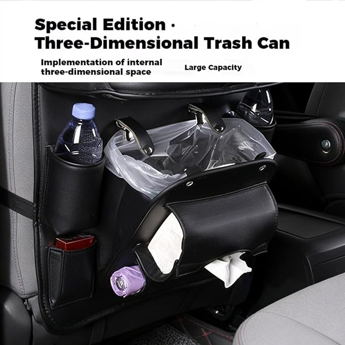 Universal Premium Leather Foldable Car Backseat Organizer with Table Tray, Car Seat Back Protector with Garbage Bag Touch Screen Pad Holder, Car Kick Mats with Tissue Box (Black) - Image 5