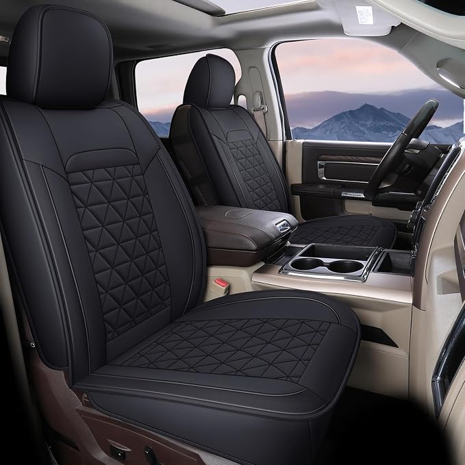 Coverado Car Seat Covers Compatible with Dodge Ram 2002-2026 1500 2500 3500 Pickup Limited Laramie Big Horn Waterproof Leather Seat Protectors Fit Dodge Ram Crew Cab& Quad Cab(2PCS, Black) by COVERADOAUTO