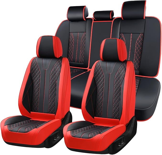FLORICH Car Seat Covers Front Seats and Back Faux Leather Seat Cover Waterproof Seat Covers Car Seat Cushion 5 Seats Car Seat Protector Universal Fit for Most Cars SUV Trucks, Black&Red by FLORICH