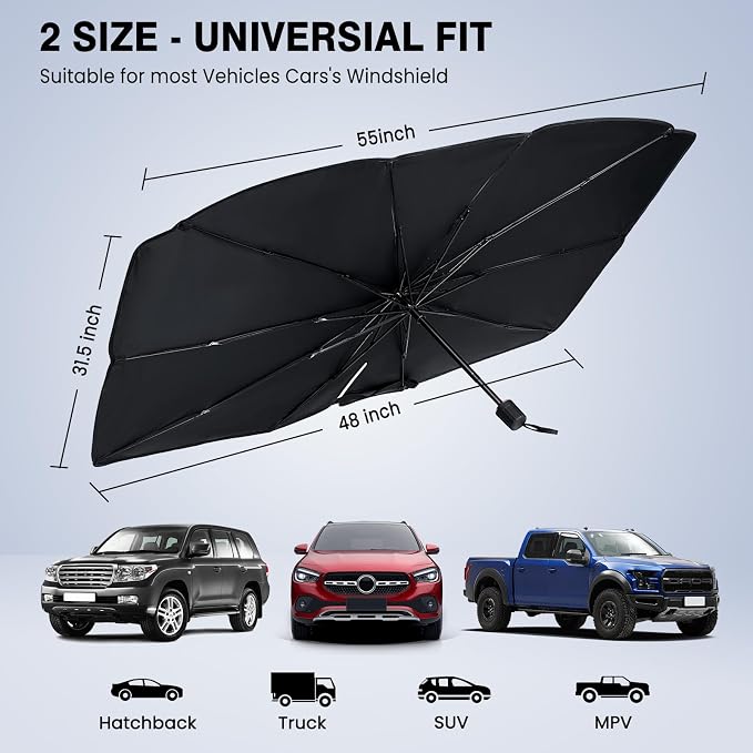 Car Windshield Sun Shade Umbrella Reflector Foldable Window Shade | Blocks UV Rays,Keep Car Interior Cool,Universal Fits SUV,Hatchback,Truck,MPV,Storage bag,57"L x 31.5"W,Car Accessories - Image 2