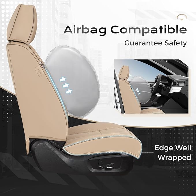 Coverado Car Seat Cover, Cover for Cars Full Seat, Premium Leather, Universal Fit Waterproof Seat Protectors, Car Seat Cushion Non-Slip for Most Cars-Beige - Image 3