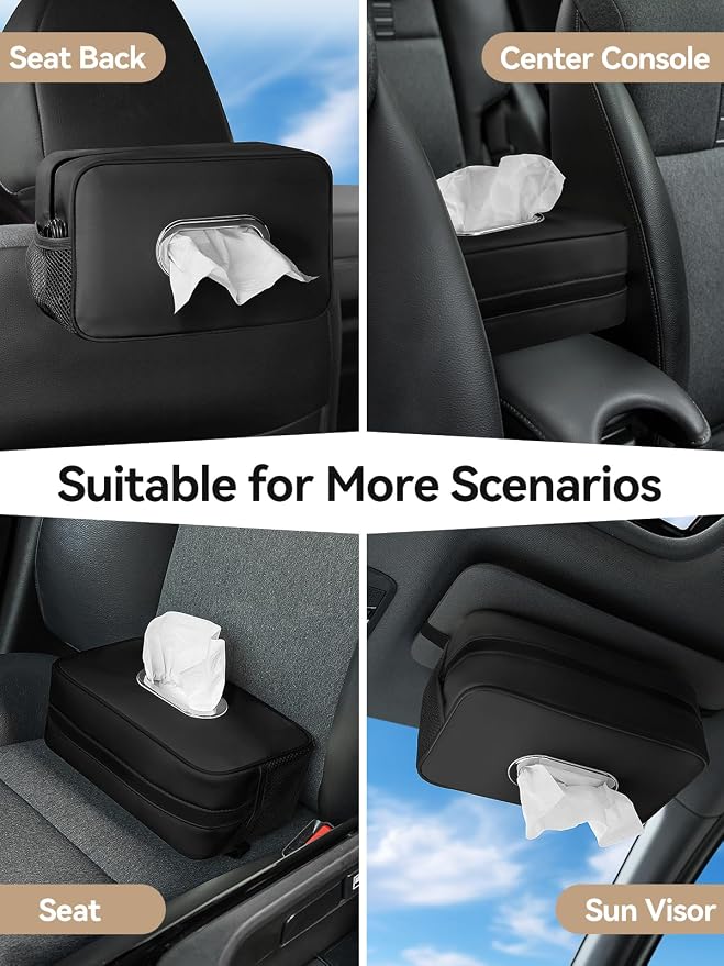Multi-Functional Car Tissue Holder with ‌2 Storage Nets, Tissue Box Cover | Upgraded PU Leather, Large Rectangle Napkin Organizer Fit for 100-160 Regular Size Tissues, Keep Car Tidy, Black - Image 3