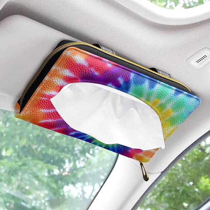 Biyejit 2 Pack Car Tissue Holder, Rainbow Tie Dye Premium Sun Visor Napkin Case, Hanging Car Accessories Used to Organize Paper Towels and Storage Small Items - Image 2