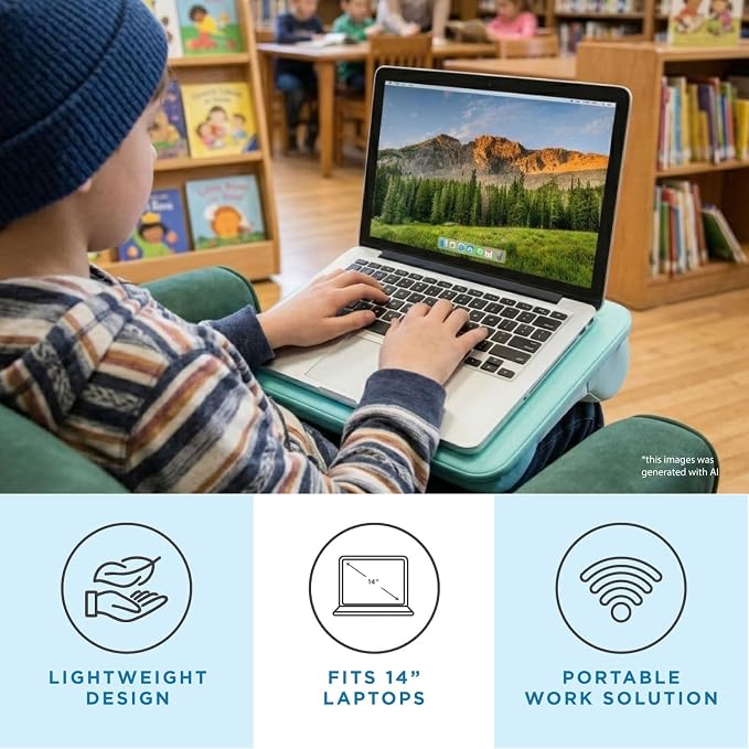 LAPGEAR Compact Lap Desk – Aqua Sky, Fits 14" Laptops | Microbead Cushion, Built-In Pencil Slot, Carry Handle, Fits Standard Letter-Size Paper (8.5" × 11") - Image 2