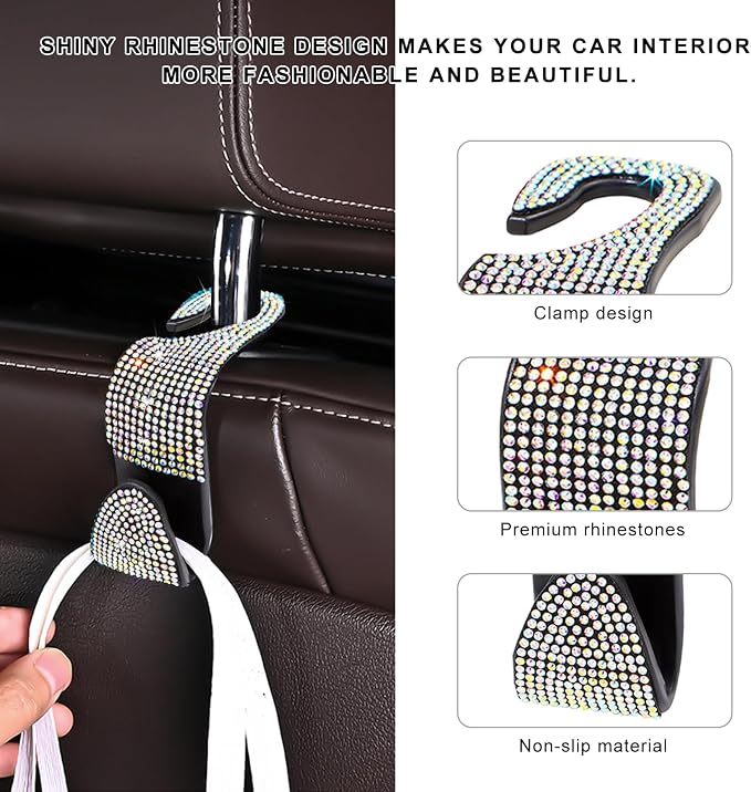 4 PCS Car Seat Headrest Hooks, Bling Crystal Rhinestone Back Seat Hanger Storage Organizer, Sparkly Seatback Holder Hooks for Purse and Bags Universal For Most Vehicles (Colorful) - Image 3
