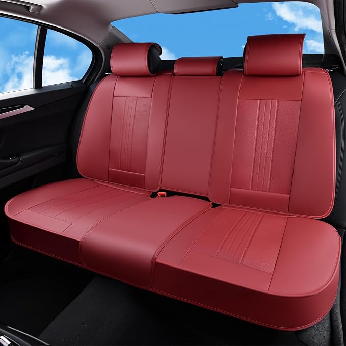 Huidasource Rear Car Seat Cover, Luxury Faux Leather Back Seat Cover, Velcro Adjustable, Compatible with Child Seat, Perforation Cooling＆Heating, Universal Fit for Most Cars, Vans, Trucks, SUVs, Red by Huidasource