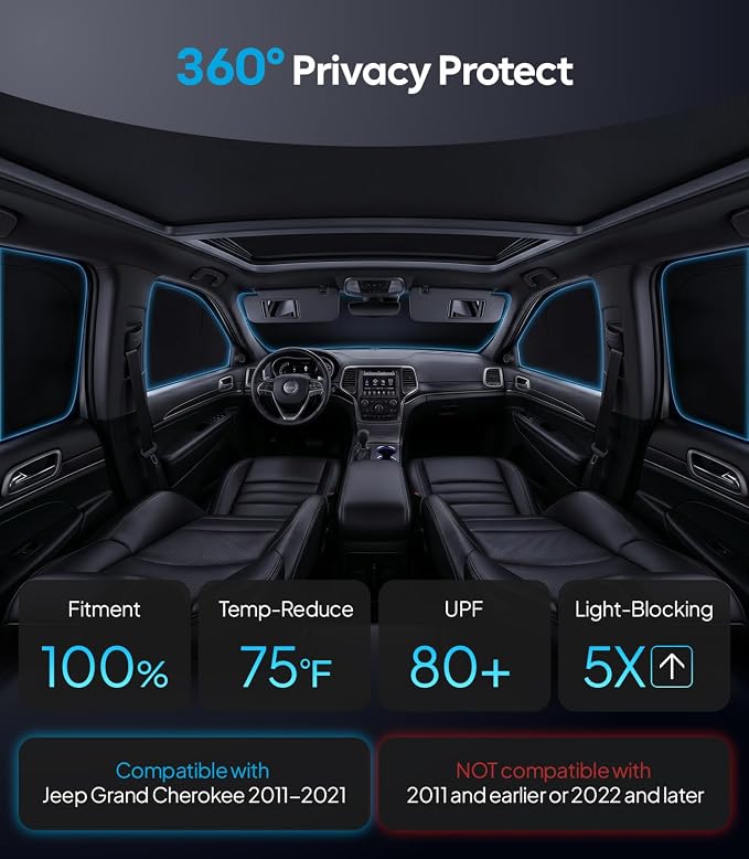 Wigoo 2026 8PC Full Set Window Sunshade for Jeep Grand Cherokee 2011-2021 | 7-Layer Cooler & Blacker, Ice-Crystal Tech, Full Set Shades With Windshield for Sun Block, Camping Accessories - Image 2