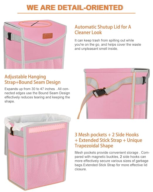Pritent Car Trash Can with Lid Leakproof Car Garbage Bag Vehicle Trash Bin | Hanging Automotive Garbage Can,Multipurpose Car Accessories for Women Men Interior Car Storage Organizer(2.8 Gal,Pink) - Image 4