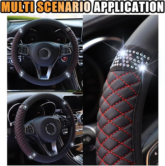JOYCOURT 15 Inch Bling Soft Leather Car Steering Wheel Cover, Black Red | Colorful Rhinestones Design, Auto Elastic Protector for Women Girls, Crystal Diamond Car Accessories for Most Cars, SUVs - Image 6