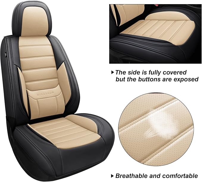 MINGBRON Car Seat Covers Full Set, Brown Car Seat Cover Lumbar Support, Car Seat Protector Waterproof, Nappa Leather Car Seat Cushion, Front Seats and Back Fit for Most Cars Beige - Image 5