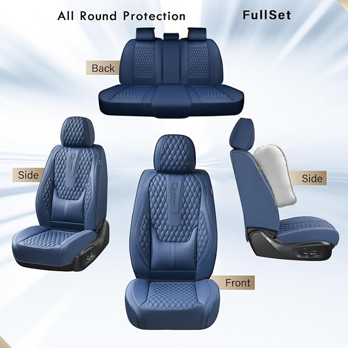 Coverado Car Seat Covers Full Set, Nappa Leather Seat Covers for Car, Waterproof Car Seat Protector with Lumbar Support, Automotive Seat Covers Universal Fit for Most Cars SUV Trucks (Blue) - Image 6
