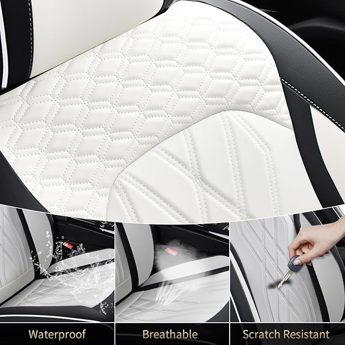 FLORICH Leather Car Seat Cover Full Set Automotive Seat Covers 5 Seats Front and Back Seat Cover Full Coverage Car Seat Cushion Universal Fit for Most Car Truck SUV Seat Protection, Black&White - Image 6