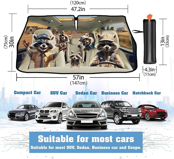 2025 Upgrade Funny Animals Car Windshield Sun Shade Umbrella 5 Layers Nano Coatings Raccoon Driving Car Front Window UV Block Sunshade Cover for Most Cars SUV, Universal Size 57"x30" - Image 2
