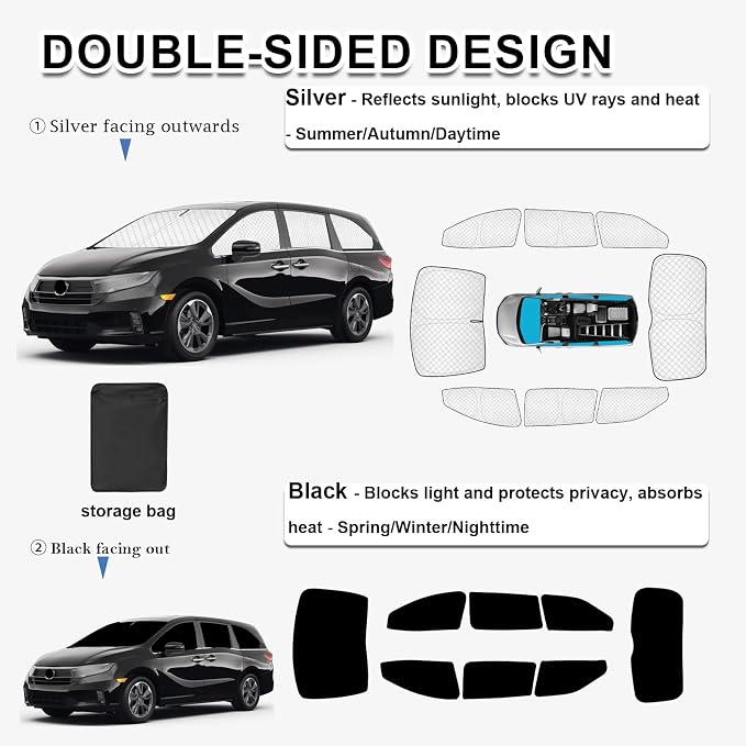 KMF 8pcs Thicken Sun Shades for Honda Odyssey Elite 2018-2024 Accessories,Windshield Sunshade Full Car Window Covers Sunshade for Side Rear, UV Block and Privacy Blackout for Car Camping Outdoor - Image 4