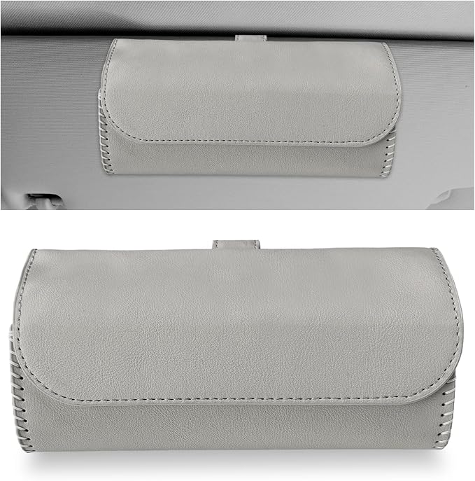 Sunglasses Holder for Car Visor, Auto Sunshade Eyeglasses Storage Case with Hidden Magnetic Closure, PU Leather Sunglass Protective Box for Most Vehicles Sun Visors (Light Gray) by Pxobiug