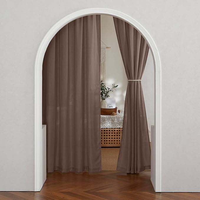 RYB HOME Linen Sheer Curtains 2 Panels for Living Room, Semi Transparent Privacy Drapes with Rod Pocket Farmhouse Style Window Treatments for Bedroom, Brown, 52" W x 102" L - Image 7