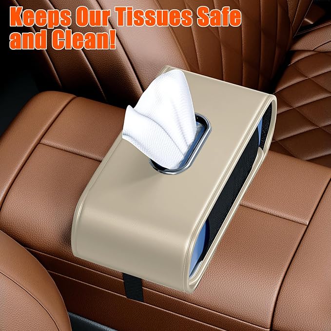 Car Tissue Holder (2Pack), Car Kleenex Holder Fits 100-160 Count | Premium PU Leather,Keep Tidy,Universal,Large tissue box,Backseat Car Napkin Holder,Tissues Dispenser for Car,Beige - Image 3