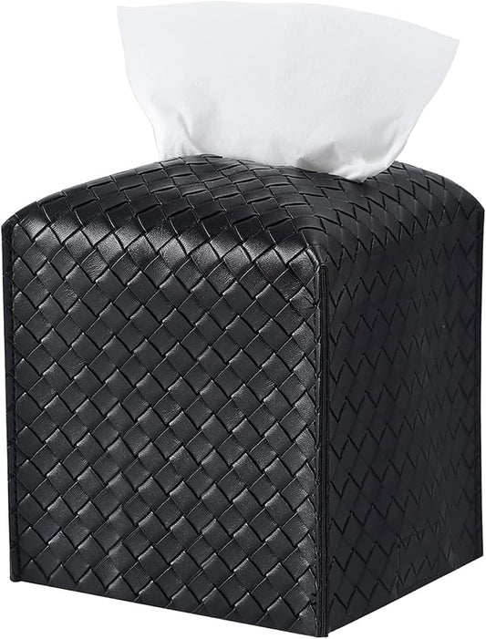 Tissue Box Cover PU Leather Tissue Holder Square Facial Tissue Case Facial Paper Organizer Dispenser for Bathroom, Vanity Countertop, Tabletop, Car, Black | PU Leather, Easy to Fill, Easy Clean, Decorative Tissue Box Holder for Office, Bathroom, Kitche... by zoocatia