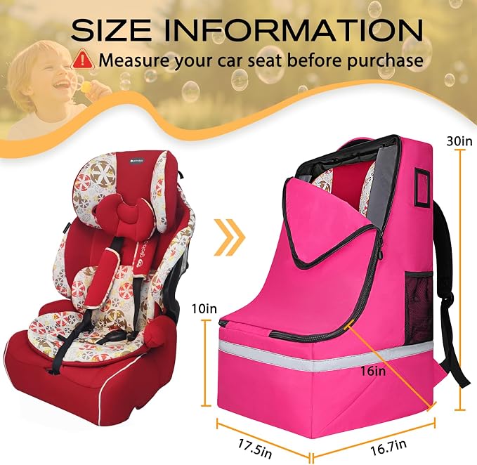 LARIPOP Car Seat Travel Bag for Airplane, Universal Gate Check Car Seat Bag, Padded Backpack with Waist Belt, Reflective Strips & Protective Feet, Fits Infant Convertible Booster Seats, Pink - Image 2