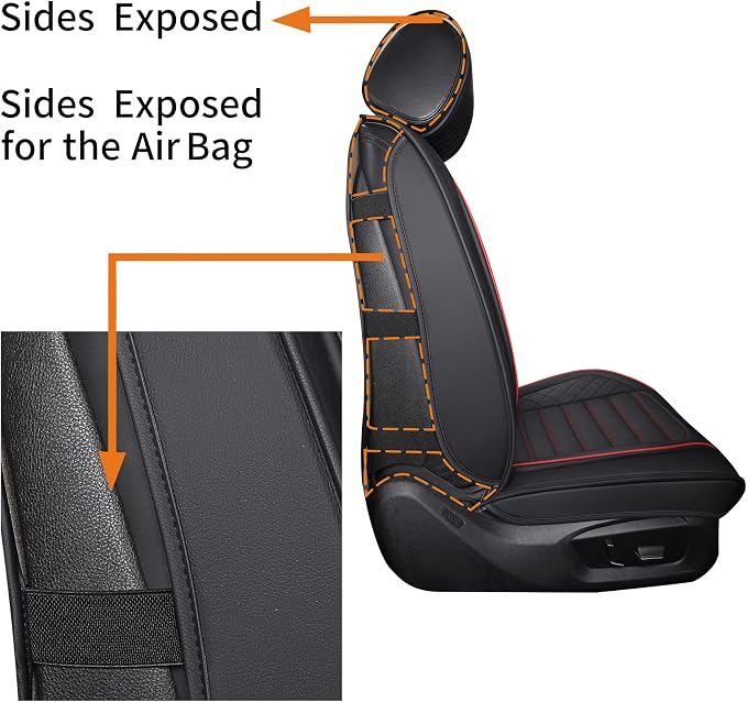 Waterproof Leather Auto Seat Covers Full Set, Black-Red | Universal Fit Toyota Honda Altima Civic Rogue Ford Focus Fiesta Fusion Escape Explorer Ranger Infiniti Mazda Audi - Image 4