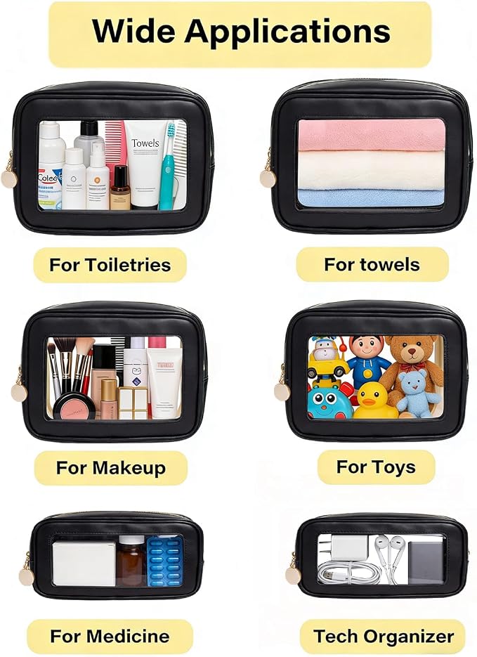 3-Piece Travel Clear Makeup Bag Set, Small Large Clear Cosemetic Bag with Makeup Brush Bag Waterproof Makeup Pouch with Zipper Toiletry Bags For Traveling Car Accessories for Women (Black Set) - Image 5